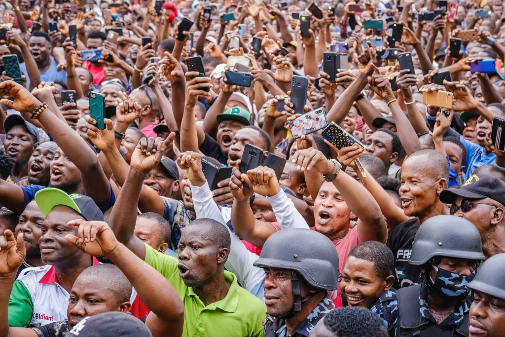 A campaign rally for Peter Obi, the Labour Party presidential candidate, this month at Alaba market in Lagos, Nigeria. Some polls have shown him in the lead of a wide-open contest. Credit...Taiwo Aina for The New York Times